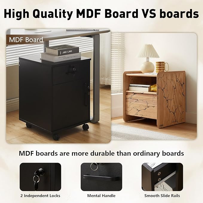 TUKAILAi Mobile File Cabinet with Lockable Drawer & Door, Under Desk Rolling Filing Cabinet with 4 Wheels, Wooden Stationery Storage Cabinet for Home Office (Black)