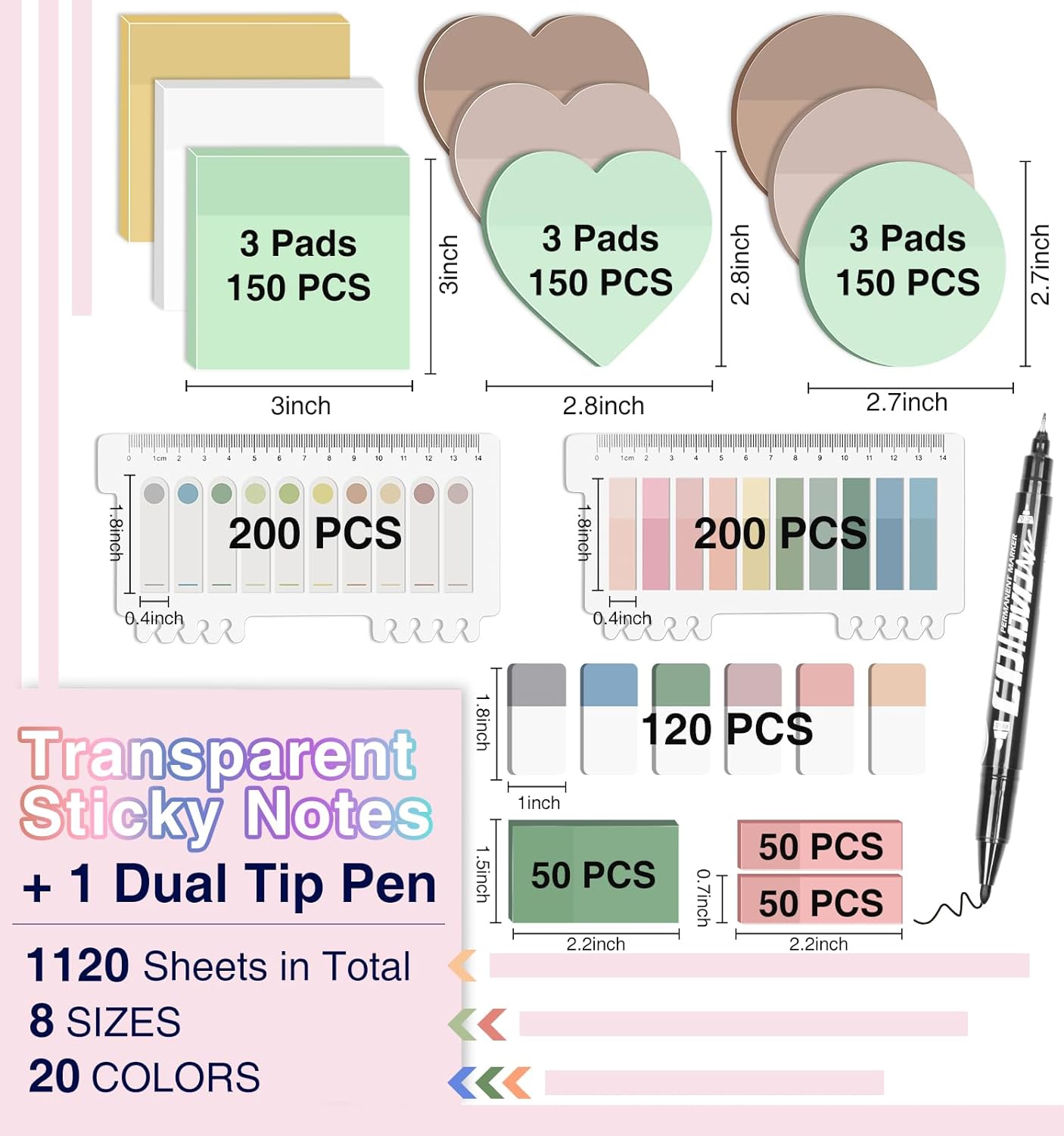 Transparent Sticky Notes,1120 Sheets Clear Sticky Notes with Pen, Waterproof Annotation Kit, Self-Adhesive Translucent Writable Index Tabs for Annotation Books, Bible Journaling Study Office School