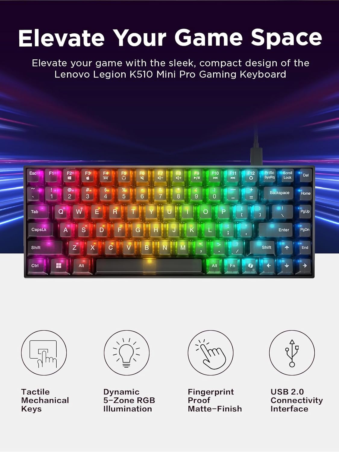 Lenovo Legion K510 Mini Pro Wired Mechanical Gaming Keyboard - 75% Compact Design, RGB Illumination, Hot-Swappable Mechanical Switches, Programable Keys