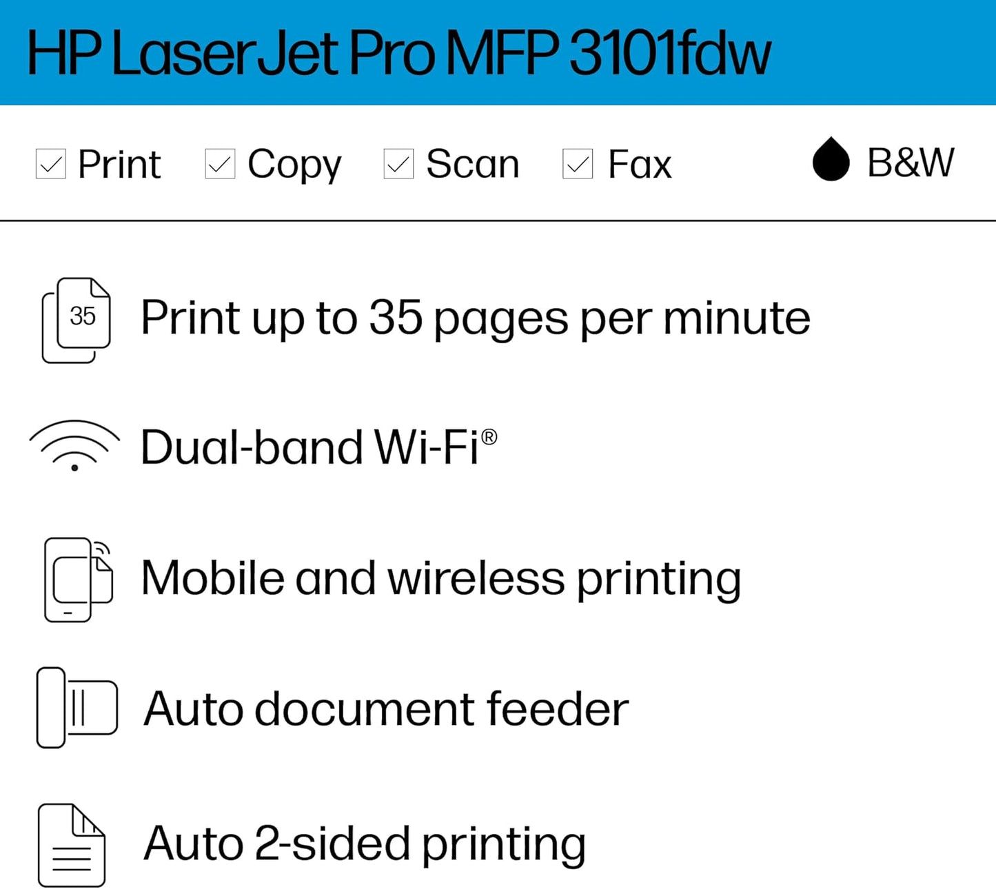 HP LaserJet Pro MFP 3101fdw Wireless Black & White All-in-One Laser Printer, Scanner, Copier, Fax, Best-for-Office (3G628F)