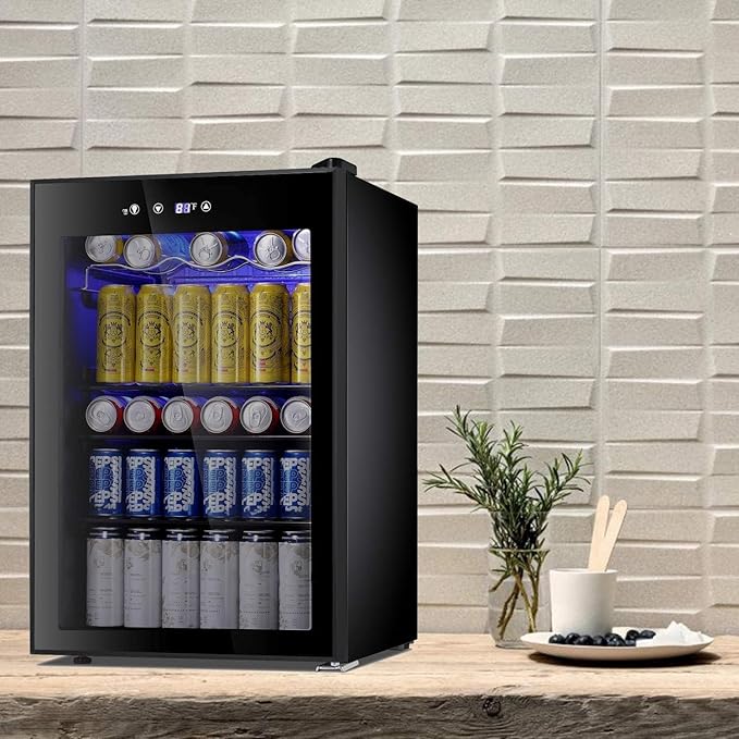Antarctic Star Beverage Cooler 145 Can Mini Fridge Glass Door for Soda Beer Wine Glass Door Stainless Steel Small Drink Refrigerator Digital Display for Home, Office Bar,4.4cu.ft