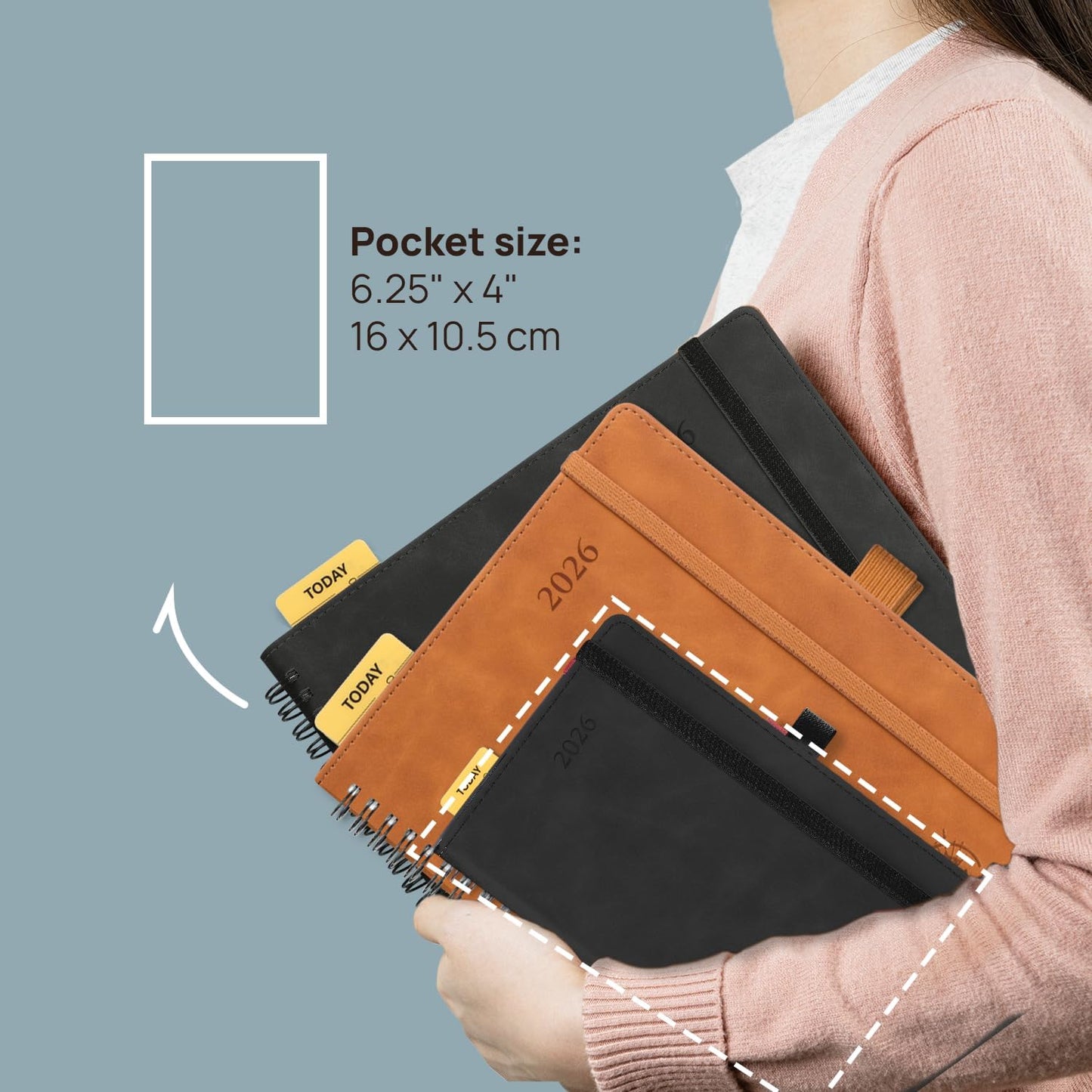 POPRUN 2026 Planner Weekly Notebook (Jan-Dec), Small Size 4''x 6.25'' - 2026 Pocket Calendar for Purse with Spiral Soft Cover, Plastic Ruler, Inner Pocket, 100 GSM - Petrol