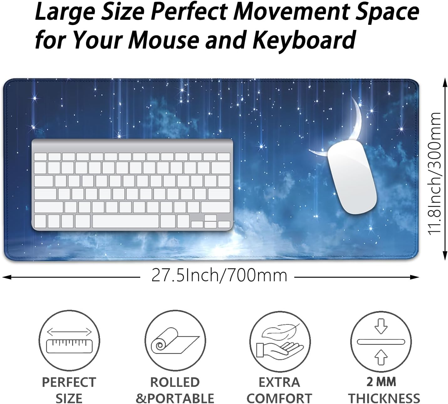 Blue Sky Stars Moon Desk Pad Mouse Pad,Large XL Meteor Showers Mouse Mat with Stitched Edges,Non-Slip Rubber Base Mousepad for Office PC Keyboard Laptop and Home Work Desk Mat(27.5X11.8 in)