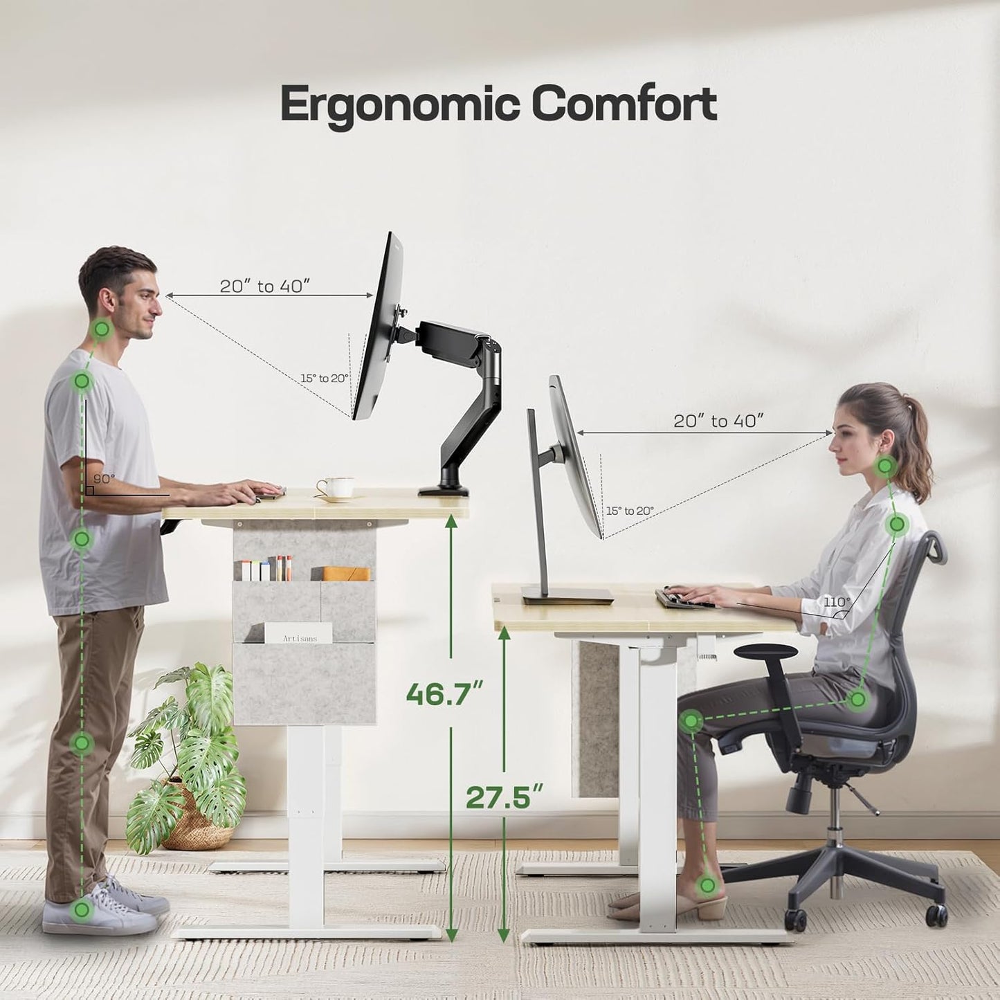 Marsail 40x24 Electric Standing Desk - Adjustable Height Computer Desk with Memory Presets, Storage Bag & Cable Management for Home Office & Gaming Workstations