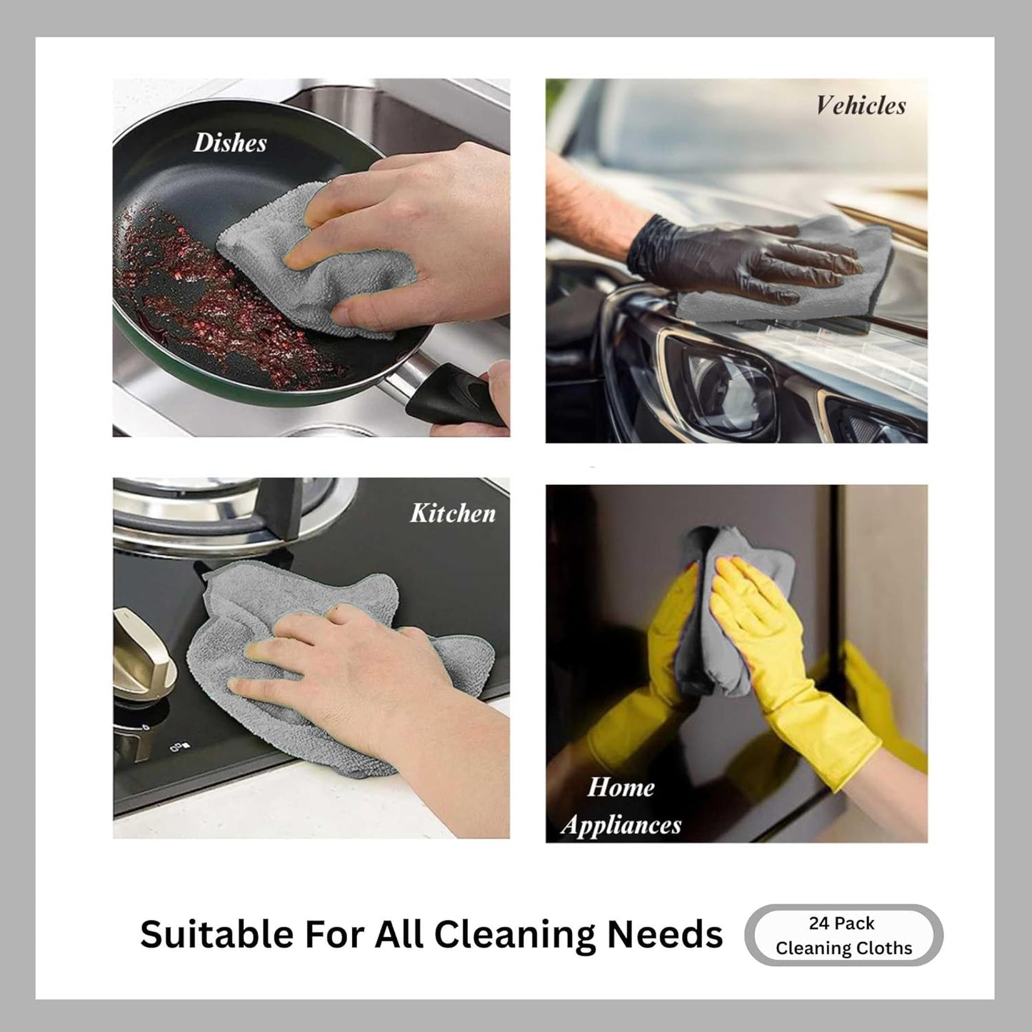 Microfiber Cleaning Cloth for Kitchen & households, Towels for Cars. (300gsm) (Pack of 24 Gray)