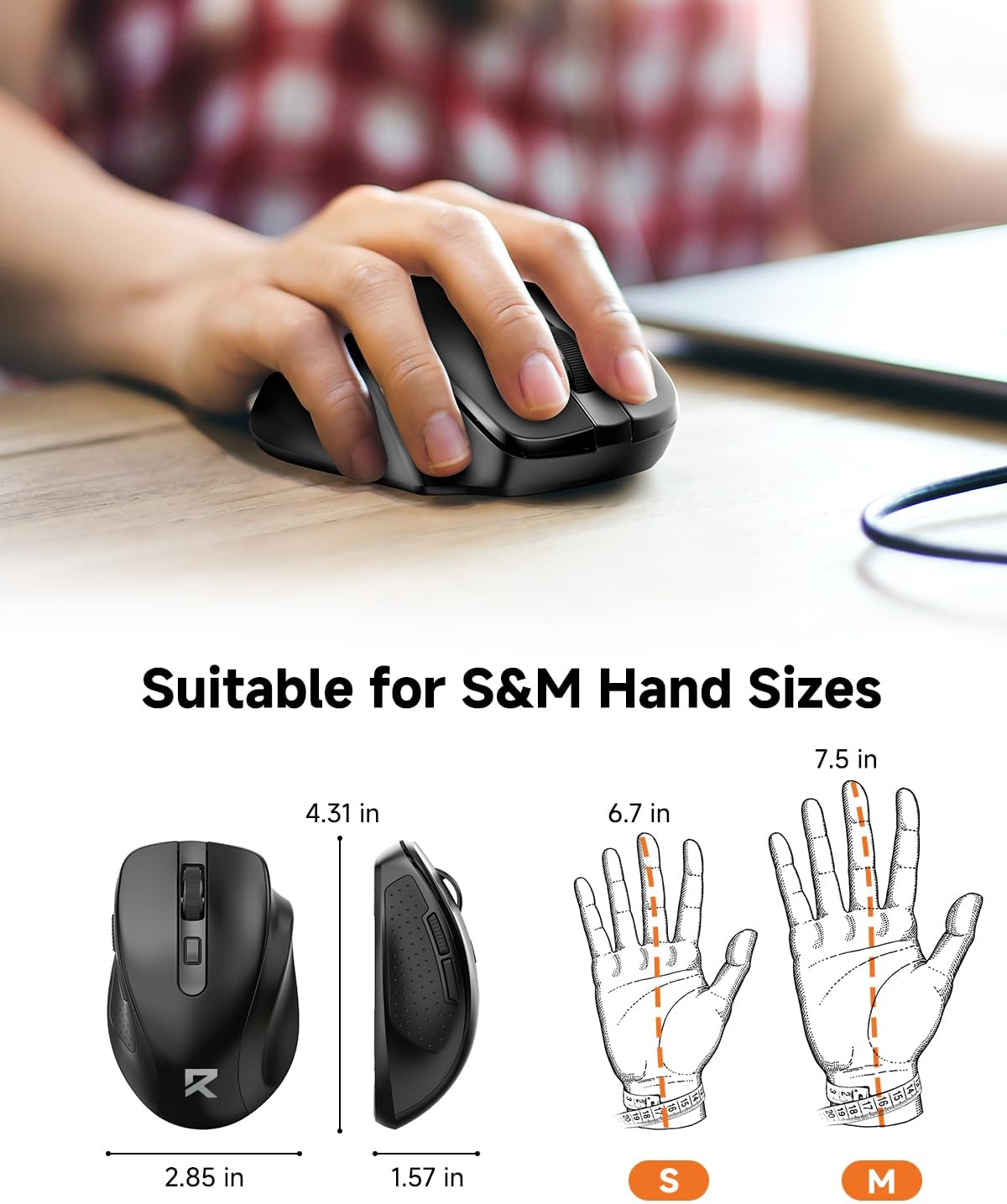 Redragon Wireless Mouse BT5.0/3.0 & 2.4G, 6 Buttons, 5 Level 4000DPI Bluetooth Mouse, 18 Months Battery, Portable Optical Computer Mice for Laptop, PC, Chromebook, Windows, Mac-Black