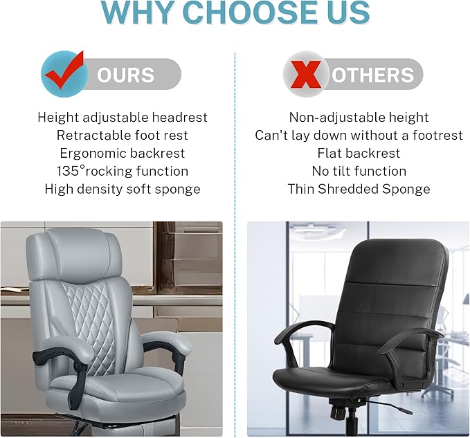 Executive Leather Office Chair, Big and Tall Desk Chair with Footrest Home Office Desk Chairs, Ergonomic Computer Desk Chair with Lumbar Support, Reclining Chair with Adjustable Angle