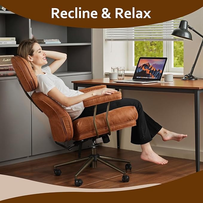 Faux Leather Executive Office Chair - Big and Tall Ergonomic Home Office Chair,Reclining Computer Desk Chairs with Lumbar Support,Adjustable Swivel Rolling PC Chairs with Wheels,Suede,Brown