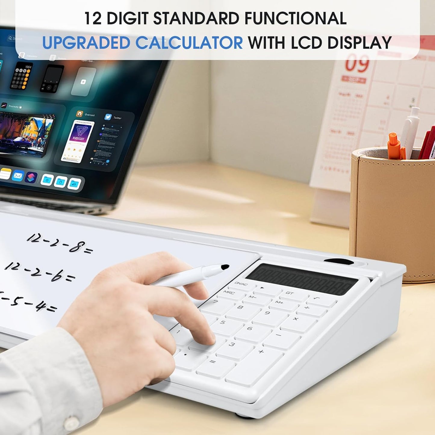 Varhomax Glass Desk Whiteboard with Calculator, Desktop Dry Erase White Board with Storage, to Do List Memo Notepad for Home and Office