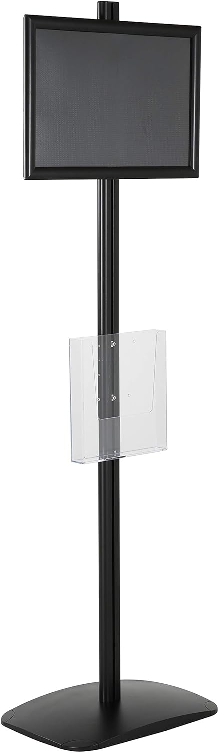 M&T Displays Free Standing Aluminum Display Stand Single Sided Document Brochure Sign Holder Front Loading Portrait Landscape Black Snap Frame 1x(11x17) and Clear Acrylic Pocket 1x(8.5x11) Inch