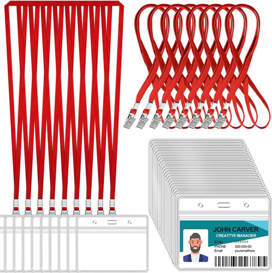 100 Pcs Clear Horizontal Badge Id Card and 100 Pcs Lanyard, Reusable Lanyards for Id Badge Holder Name Tag Badge Holder with Lanyards for Adults Kids Business School Conferences (Red)