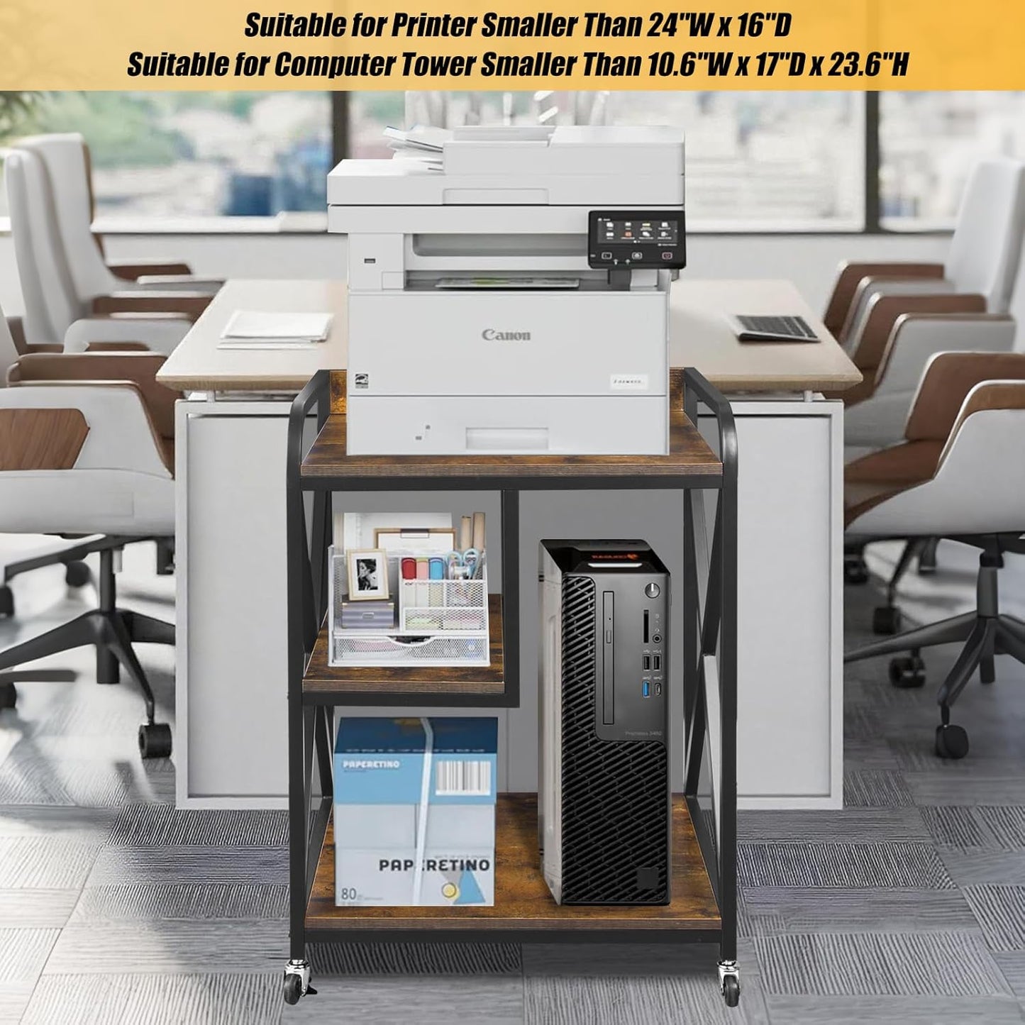 Large Printer Stand, X-shaped Printer Stand with Storage, 24"W x 17"D x 32"H, Mobile Printer Table with Wheels for Home Office, Rolling Cart for Computer Tower, Printer and Shredder, Bearing 300lbs