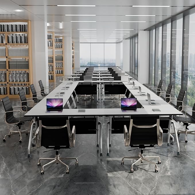 Conference Table, Folding Conference Room Tables, Mobile Training Tables with Silent Wheels, Large Rectangular Modular Seminar Table Office Computer Desks for Classroom White (8Pack L47.2in)