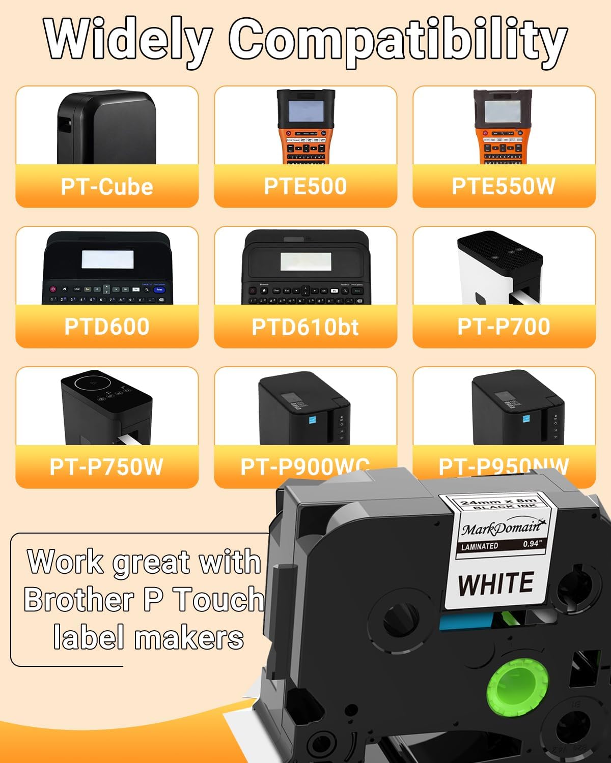 MarkDomain TZe-251 24mm Label Tape Compatible Brother P Touch TZe TZ Tape 24mm 0.94 Laminated White TZe-251 TZe251 TZ251 1 Inch for Ptouch PT-D600 PT-D610BT PTP700 PTP710BT Label Maker, 3-Pack