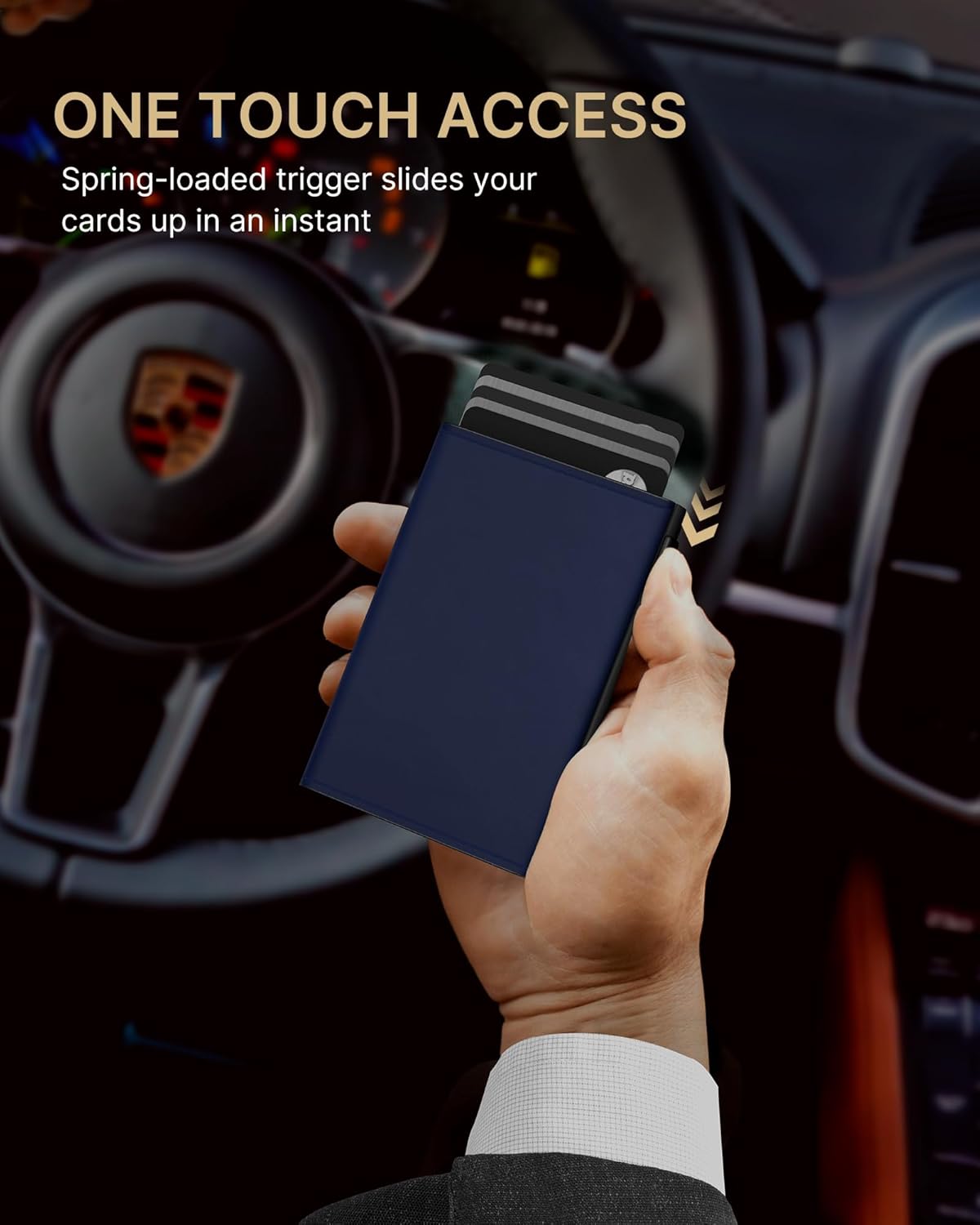 typecase Mens Wallet Card Holder: Pop Up Aluminum Case, Premium Genuine Leather, Smart, RFID Blocking, Slim, Minimalist, Front Pocket - 9-14 Card Capacity | ID Window | Cash Slot (Navy)