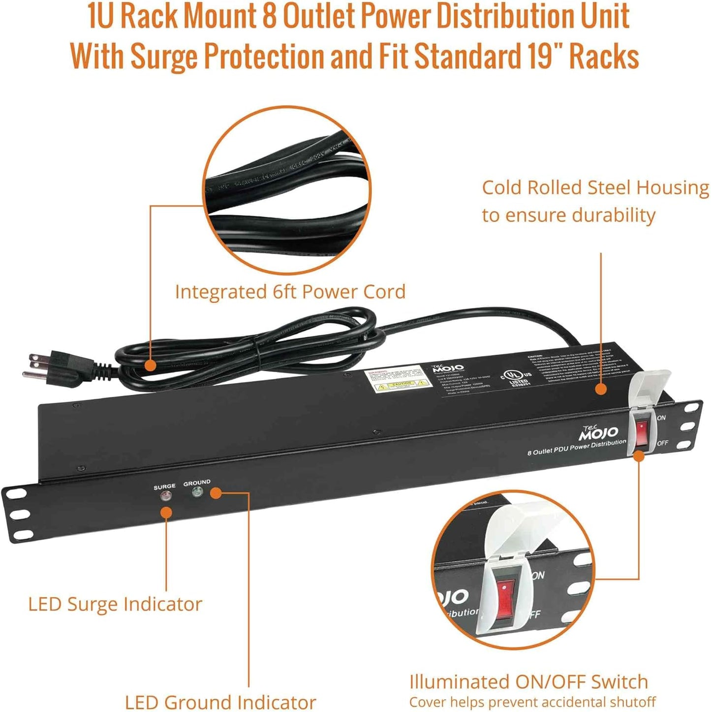 Tecmojo 1U Rack-Mount Horizontal 8-Outlet Power Strip UL Listed PDU with Surge Protection 6ft Cord Power Distribution for IT and Network Server Racks