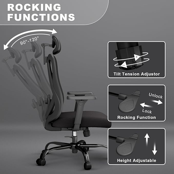 Ergonomic Office Chairs with Adjustable Headrest and Lumbar Support, High Back Mesh Home Computer Desk Chairs with 3D Armrest, 360° Swivel Wheels and Rocking Function, Black