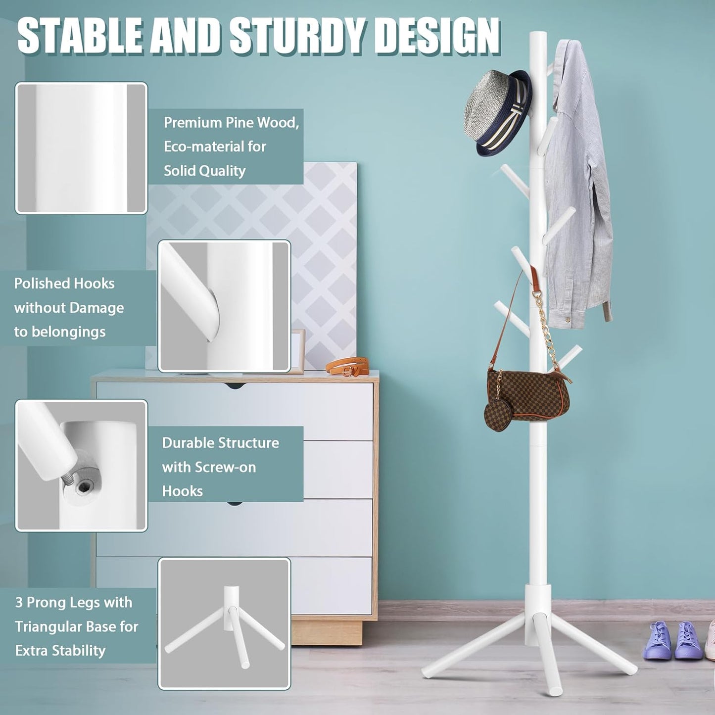 Haddockway Wooden Coat Rack Stand with 8 Hooks New Zealand Pine 3 Adjustable Coat Standing Tree Easy Assembly for Coats, Hats, Scarves and Handbags for Entryway, Hallway, Bedroom, Office,2 PCS