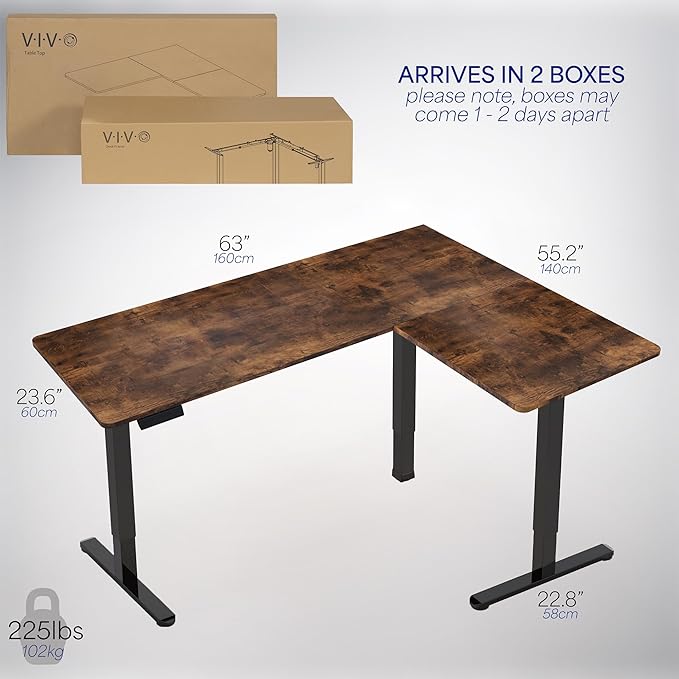 VIVO Electric Corner L-Shaped 63 x 55 in Rustic Standing Desk, Memory Height Adjustment, Vintage Brown Top White Frame, DESK-E3CTWN