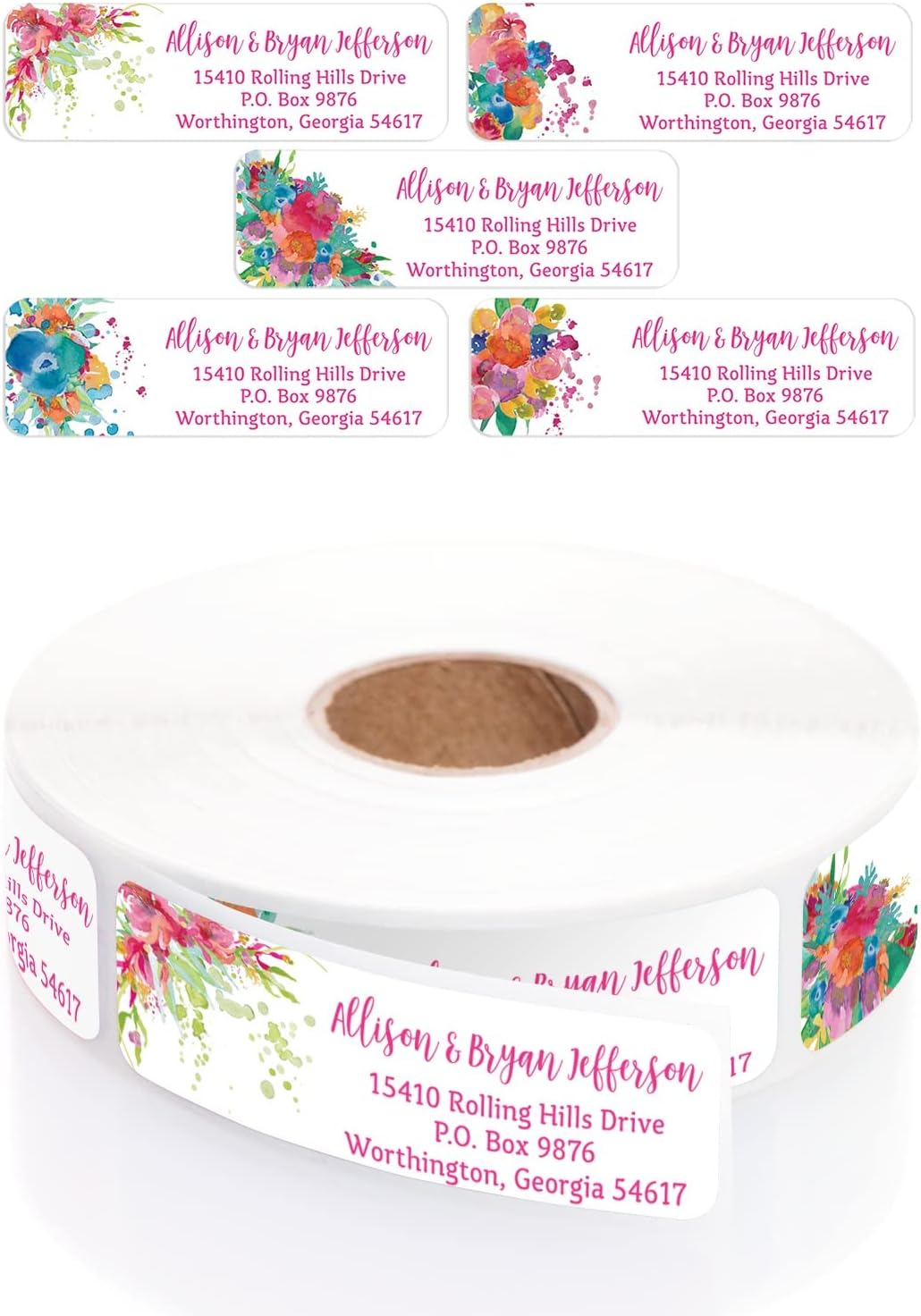 Bright Watercolor Floral Rolled Address Labels / 5 Vibrant Flower Bouquet Designs/Roll of 500 Personalized Address Labels/Designer Return Address Stickers in Elegant Plastic Dispenser