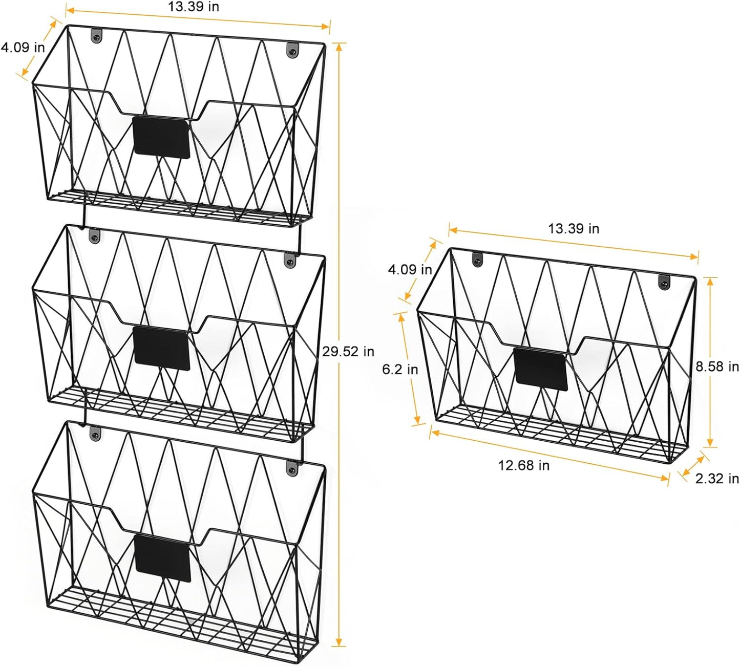 Hanging Wall File Holder Wall Mount Metal Wall File Organizer 3 Pockets Mail Organizer with Hooks for Office Home,Black