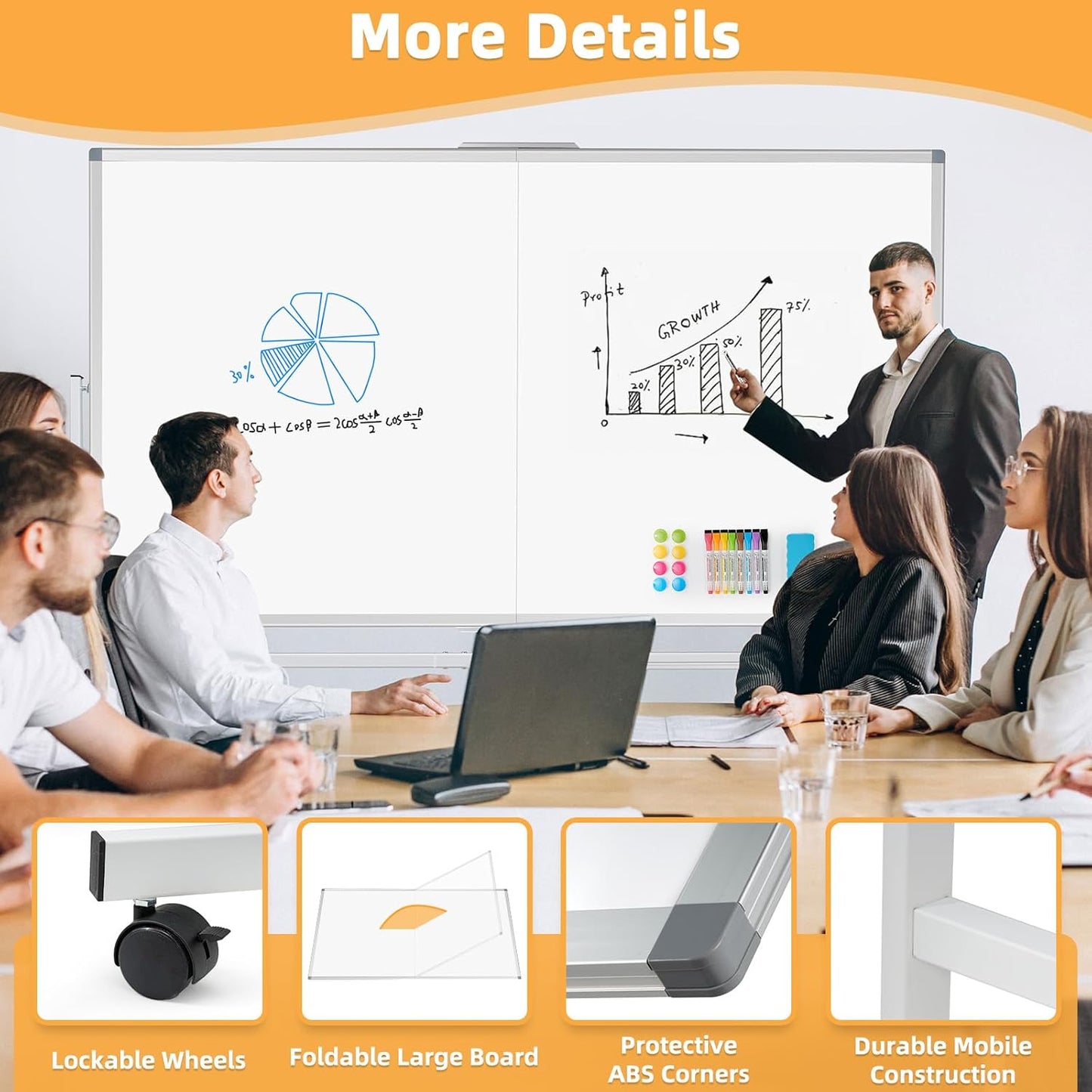 WALGLASS Rolling Whiteboard on Wheels, 72"x36" Double-Sided Dry Erase White Board with Stand, Large Magnetic Whiteboard, Giant Portable Standing Whiteboards for Office, School, Home, Classroom 6x3 ft