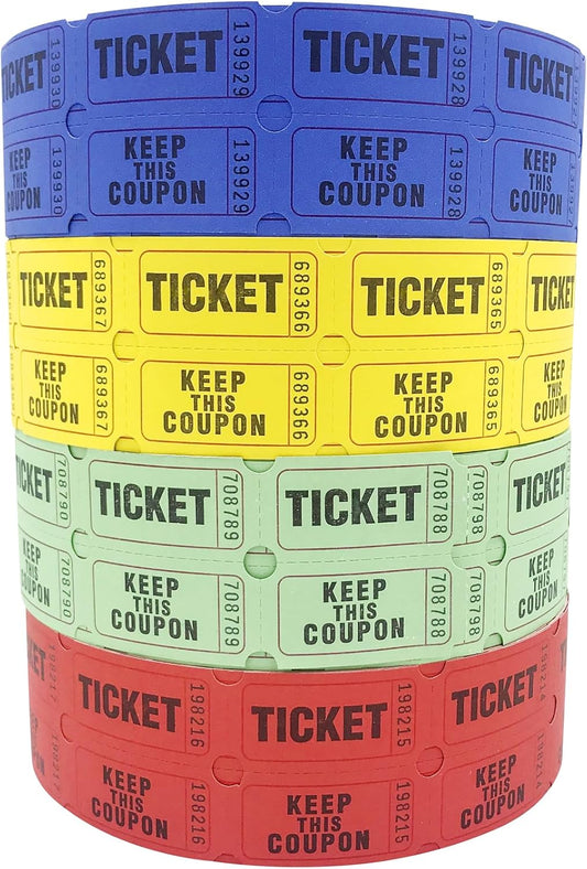 Yuanhe Raffle Tickets Double Roll - 8000 Total 50/50 Raffle Tickets for Events, Entry, Class Reward, Fundraiser, Carnivals, Door Prizes, Color Red Yellow Blue and Green