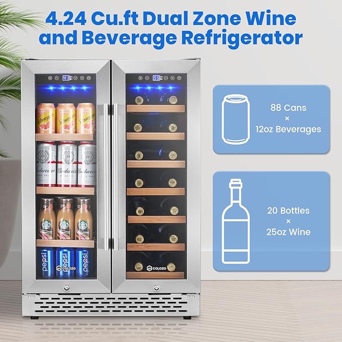 24 Inch Wine and Beverage Refrigerator Under Counter, Dual Zone 20 Bottles & 88 Cans Beverage Fridge with Stainless Steel Tempered Glass Door, Built-in/Freestanding Mini Fridge for Office/Bar/Kitchen