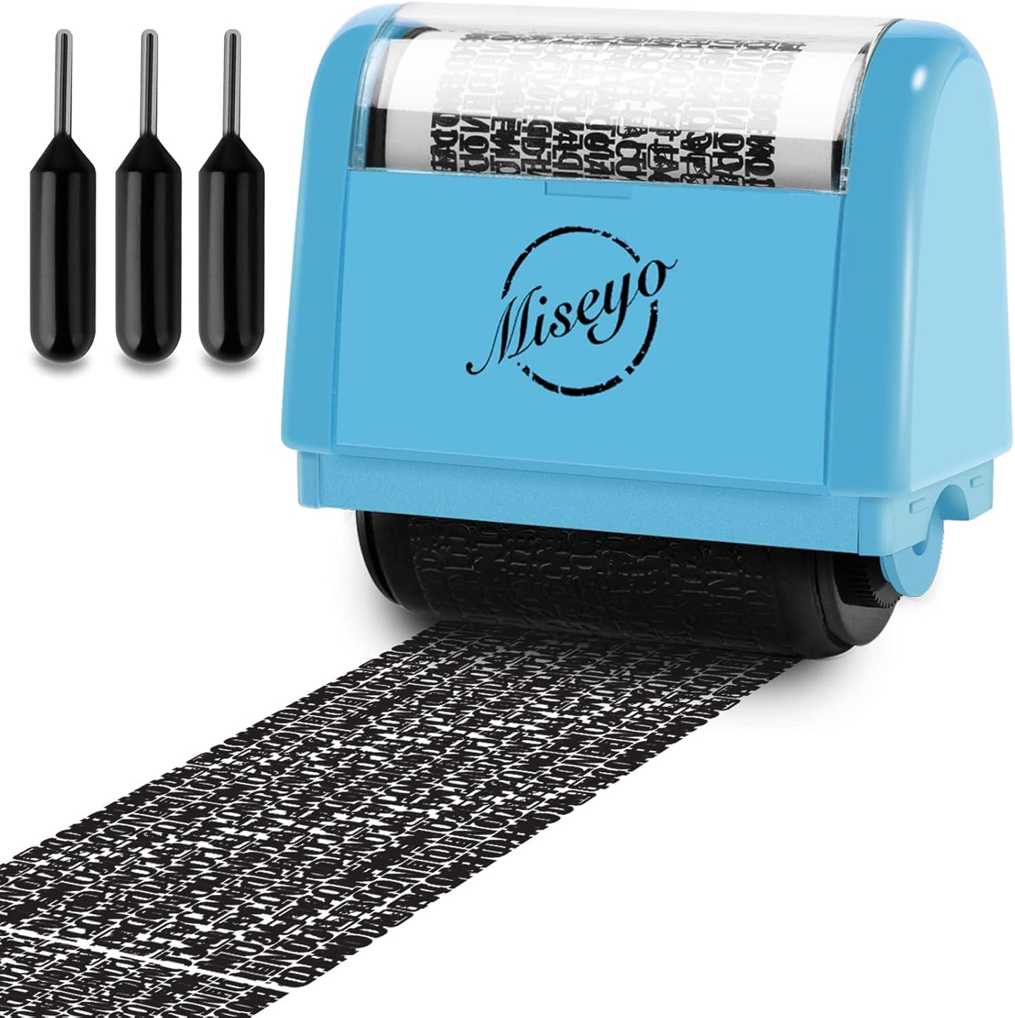 Miseyo Wide Identity Theft Protection Roller Stamp Set - Blue (3 Refill Ink Included)
