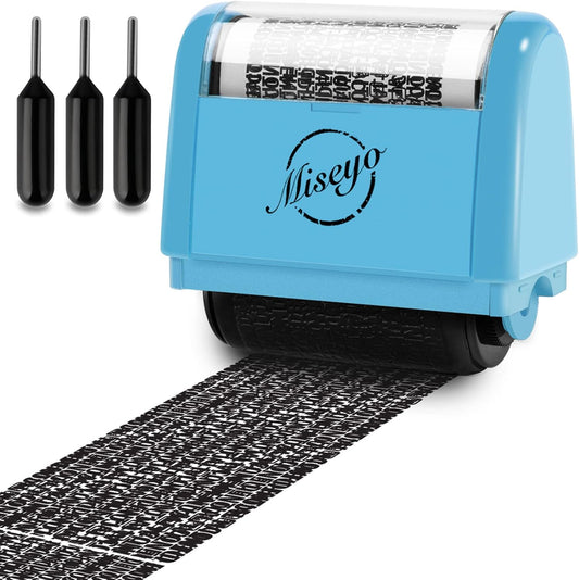 Miseyo Wide Identity Theft Protection Roller Stamp Set - Blue (3 Refill Ink Included)