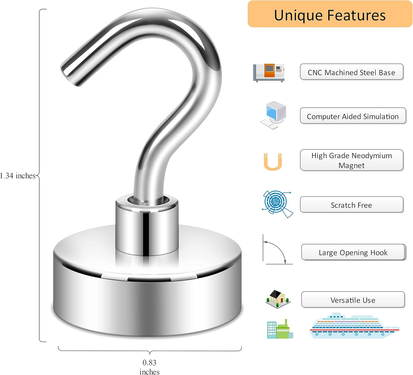 Neosmuk Magnetic Hooks, Heavy Duty Earth Magnets with Hook for Refrigerator, Extra Strong Cruise Hook for Hanging, Magnetic Hanger for Cabins, Grill (Silver White, 4 Pack)