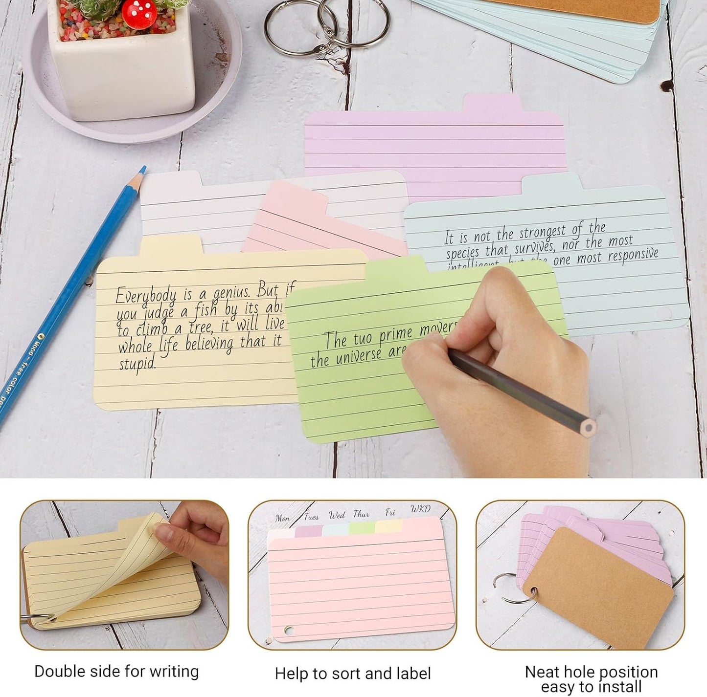 12 Pack 720 Pcs 3x5 Inches Tabbed Index Cards, Colorful Flash Cards with 12 Binder Rings, Ruled Index Cards Lined Note Cards for Study, School,Office Home