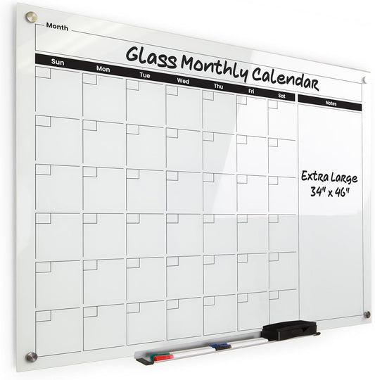 Real Glass Dry Erase Monthly Calendar, Giant Size 34" x 46", White Tempered Glass Surface, Frameless Wall Mount, with 4 Assorted Color Markers and Eraser, by Better Office Products (Bright White)