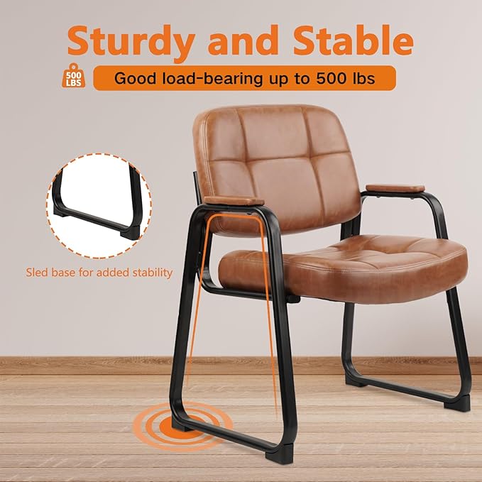 CLATINA Big & Tall 500 lbs Waiting Room Chairs with Padded Armrests and Sled Base, Leather Stationary No Wheels Office Guest Chair for Reception Lobby Home and Meeting Conference, Brown (2 Pack)