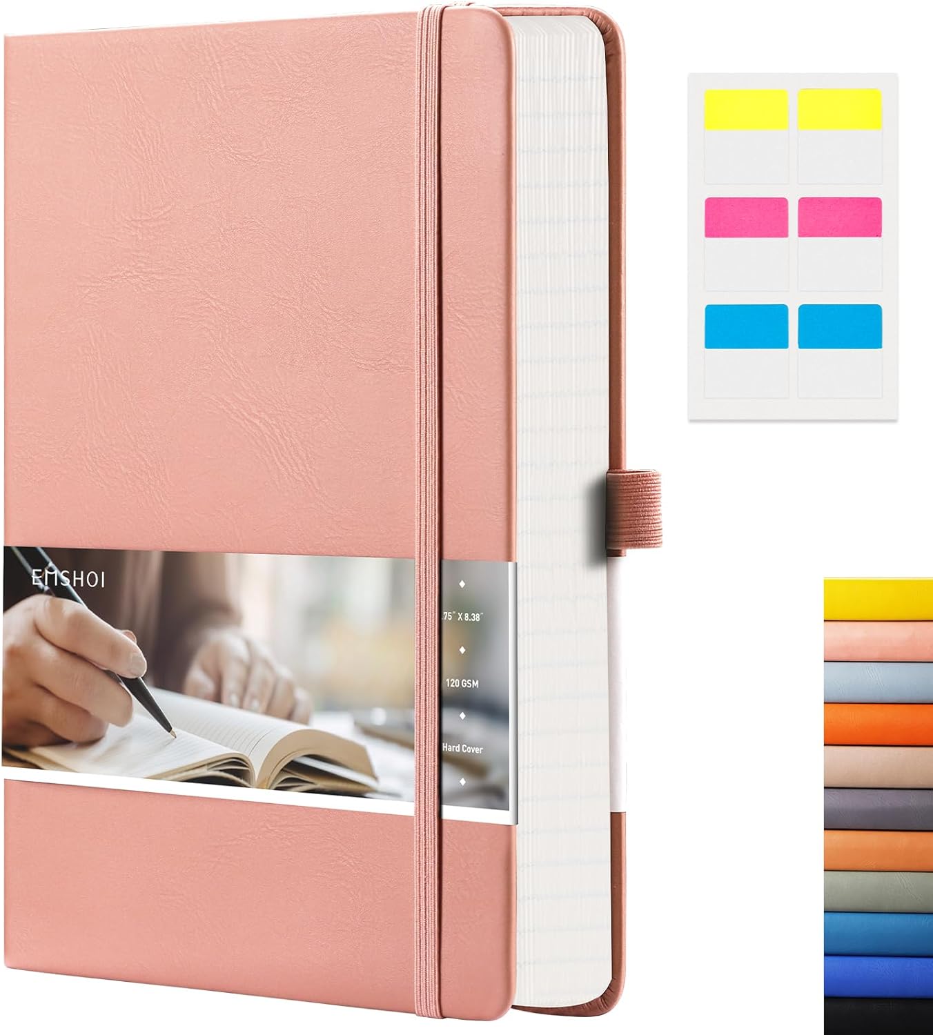 EMSHOI College Ruled Notebook-120gsm Thick Paper, 256 Numbered Pages Lined Journal for Women, 16 Perforated Pages, Faux Leather Hardcover, Inner Pocket, Pen Holder, A5 Medium 5.75" x 8.38"-Pink
