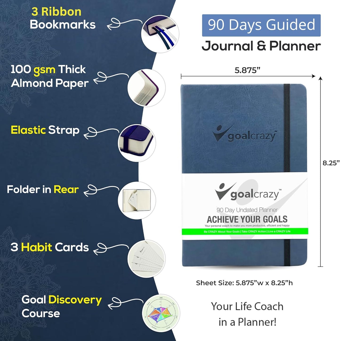 Undated Planner – 90 Day Guided Journal & Productivity Organizer, A5 Daily & Weekly Planner 2025 2026 with Goal Setting, Habit Tracker, To Do List, Academic & Work Calendar, Leather Hardcover - Navy