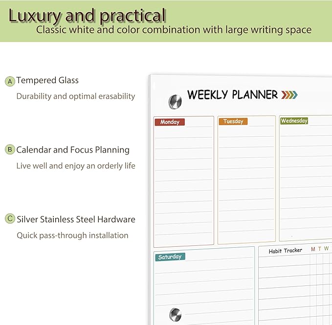 Glass Weekly Dry Erase Board for Wall 16"X 12",Colorful Weekly Calendar Whiteboard,to Do List Weekly Planner Whiteboard,Frameless Mounting,for Memo, School, Home, Office, Kitchen UV3040