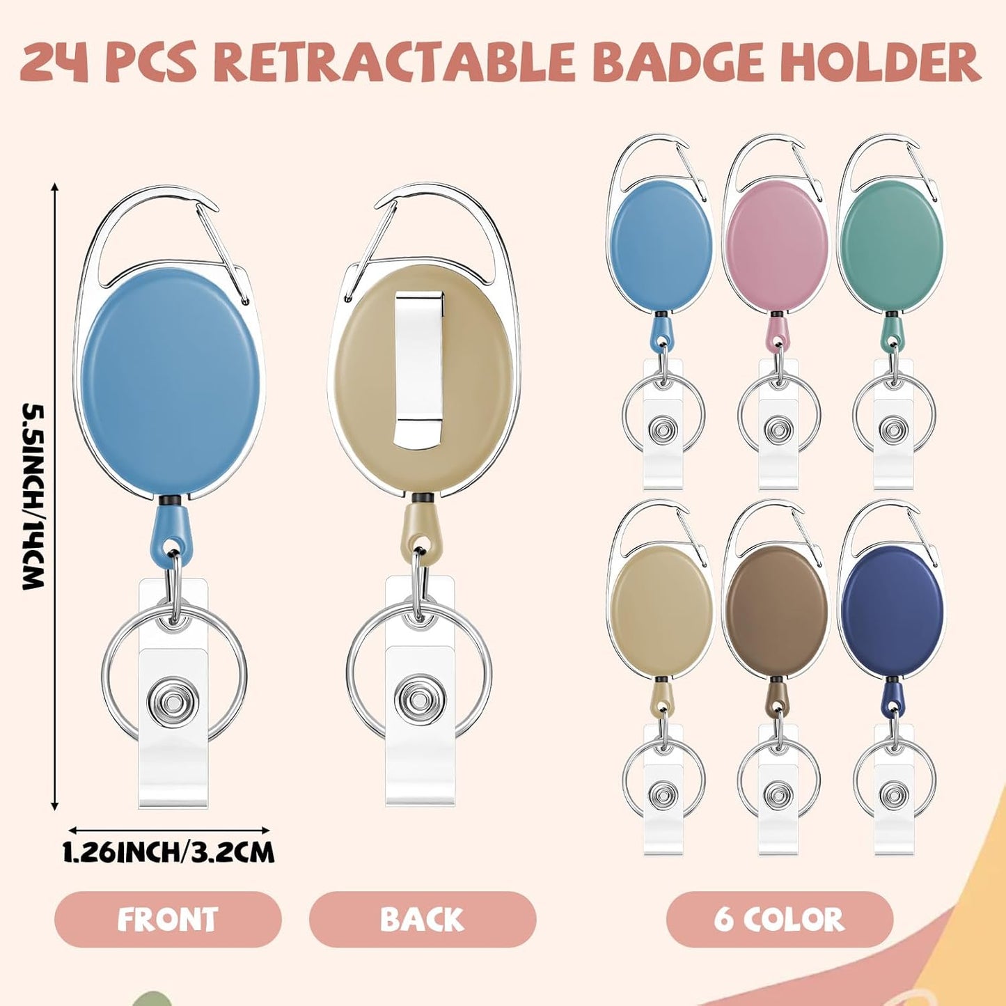 6 Color 24 Pcs Retractable Badge Holder with Carabiner Clips and Key Ring ID Badge Holder Retractable Clip Bulk for Office Worker Doctor Nurse Employee School Students Gifts