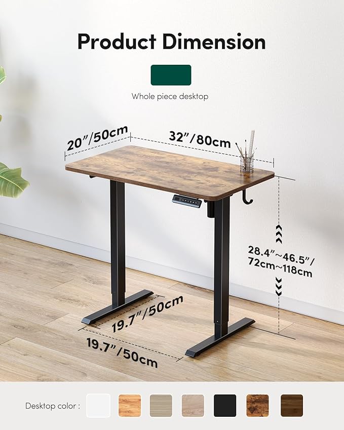 FEZIBO One-Piece Standing Desk Adjustable Height Stand up Home Office Desk, 32x24 Inch Electric Standing Computer Desk, with 4 Memory Presets, Fixable casters, Rustic Brown