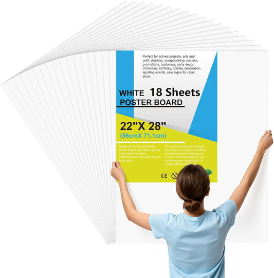 18 Pcs Poster Board 22" x 28" White Poster Paper Bulk, ROOKEA 250 GSM Vision Board for School Arts Craft Projects Presentations Drawing Scrapbooking Blank Graphic Display Office Supplies