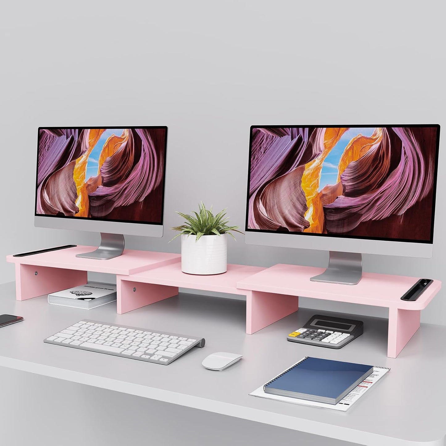 Zimilar Dual Monitor Stand Riser, Monitor Stand with Adjustable Length and Angle, Wood Monitor Stand for Desk, Monitor Riser for 2 Monitors with Storage Space