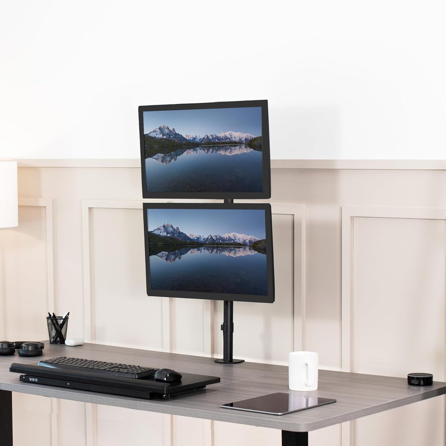 VIVO Dual Vertically Stacked Monitor Desk Mount, Extra Tall Adjustable Stand for 2 Ultrawides up to 34 inches, 22 lbs Capacity, Black, STAND-V002T