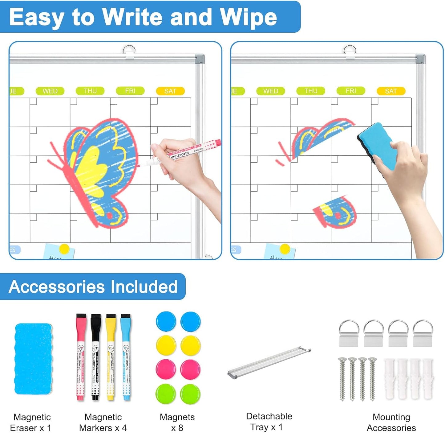 Dry Erase Calendar Whiteboard for Wall, WALGLASS 36" x 24" Magnetic White Board, Monthly Dry Erase Calendar with Silver Aluminum Frame, Double-Sided Hanging Portable Board for Office, Home, School