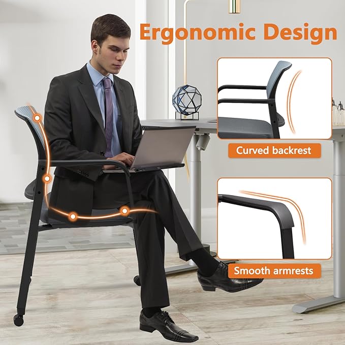 CLATINA Grey Waiting Room Chair with Wheels Mesh Back Stacking Arm Chairs with Upholstered Fabric Seat and Ergonomic Lumbar Support for Office School Church Guest Reception