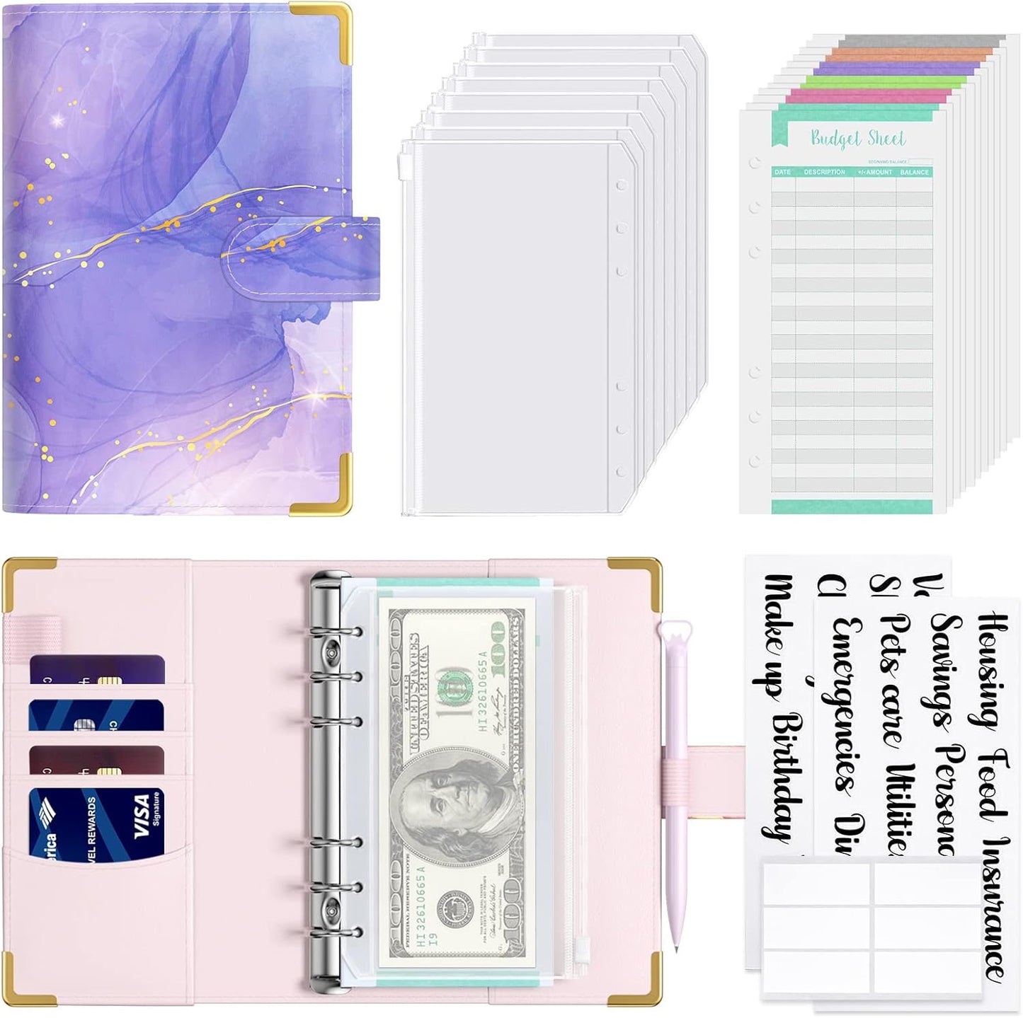 Rnivvi Budget Binder with Zipper Envelopes, A6 Money Saving Binder Cash Envelopes for Budgeting, PU Leather Planner Money Organizer for Cash Bills, Cute Marble System Wallet for Women Men, Purple