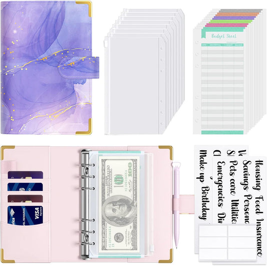 Rnivvi Budget Binder with Zipper Envelopes, A6 Money Saving Binder Cash Envelopes for Budgeting, PU Leather Planner Money Organizer for Cash Bills, Cute Marble System Wallet for Women Men, Purple