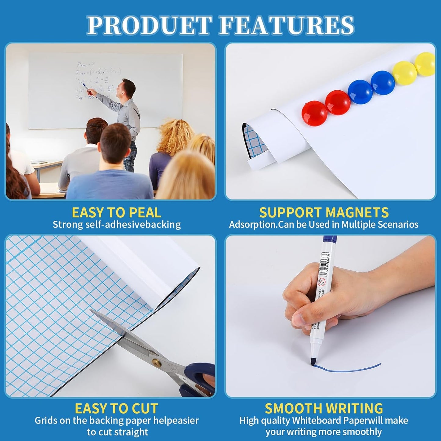 Magnetic Dry Erase Whiteboard 40"x18" - Self-Adhesive Flexible Wall Board Kit with 11 Markers, 6 Magnets, Magnetic Eraser & Holder - Ultra Smooth Writing,Effortless Clean for Office, Home, School