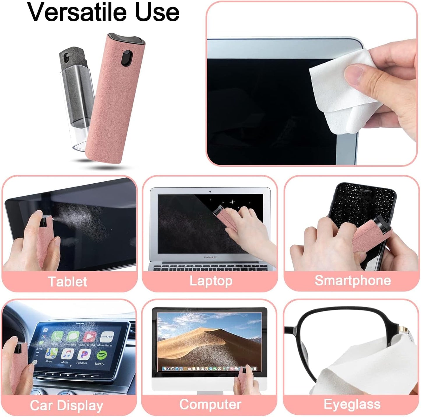 2 Pack Screen Cleaner Spray and Wipe for Laptop Monitor and Car Screens, Phone Touchscreen Mist Cleaning Kit for Cellphone, Tablet, PC, Computer, LCD, Eyeglass, iPhone, iPad, Mac Pro - Grey and Pink