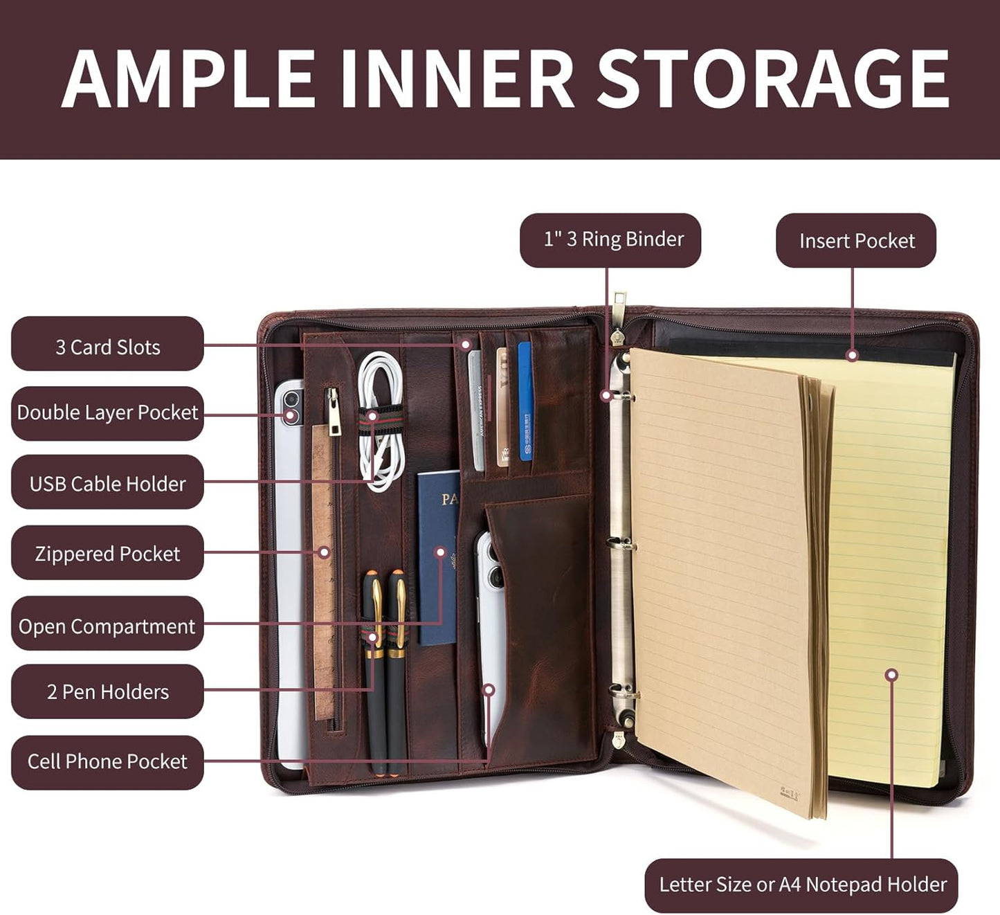 3 Ring Binder Genuine Leather Portfolio, Front Pocket, 8.5 x 11 Legal Pad Padfolio for Men and Women, Zippered Notepad Laptop Organizer, Business Executive Work Folio, Dark Brown, Oil Tanned