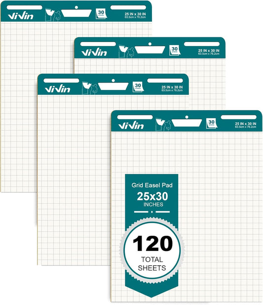 ViVin Gird Sticky Easel Pad, 25 x 30 Inches Flip Chart Paper for Teachers and Students, Large Self Stick Easel Paper for School & Office, 30 Sheets/Pad, 4 Pads/Pack